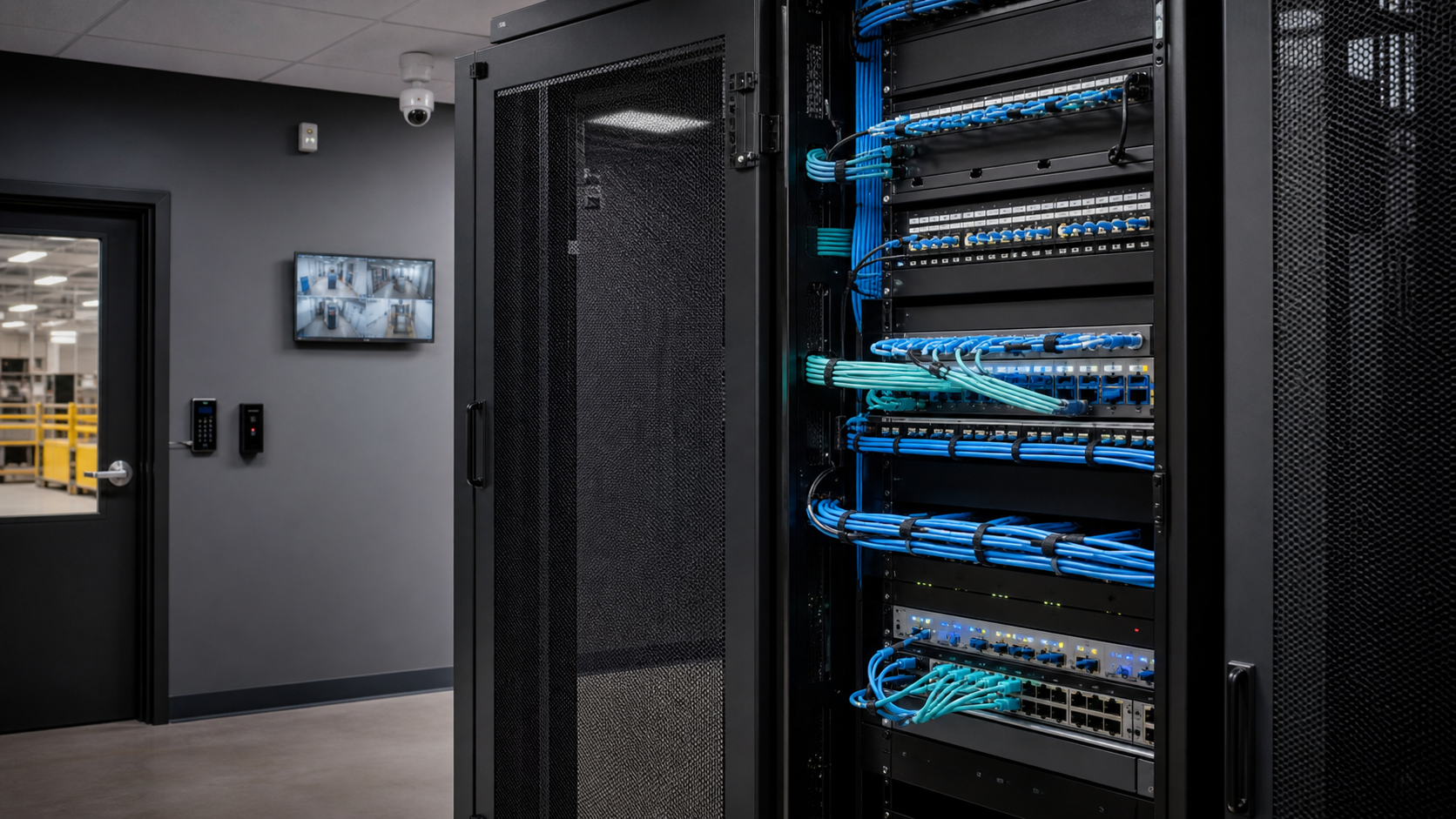 Infraestrutura tecnológica com rack óptico e ambiente conectado