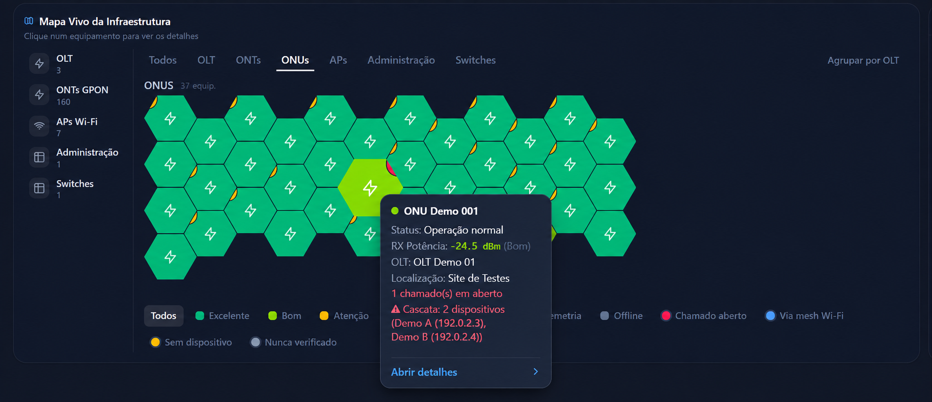 Mapa vivo demonstrativo da infraestrutura em formato de colmeia